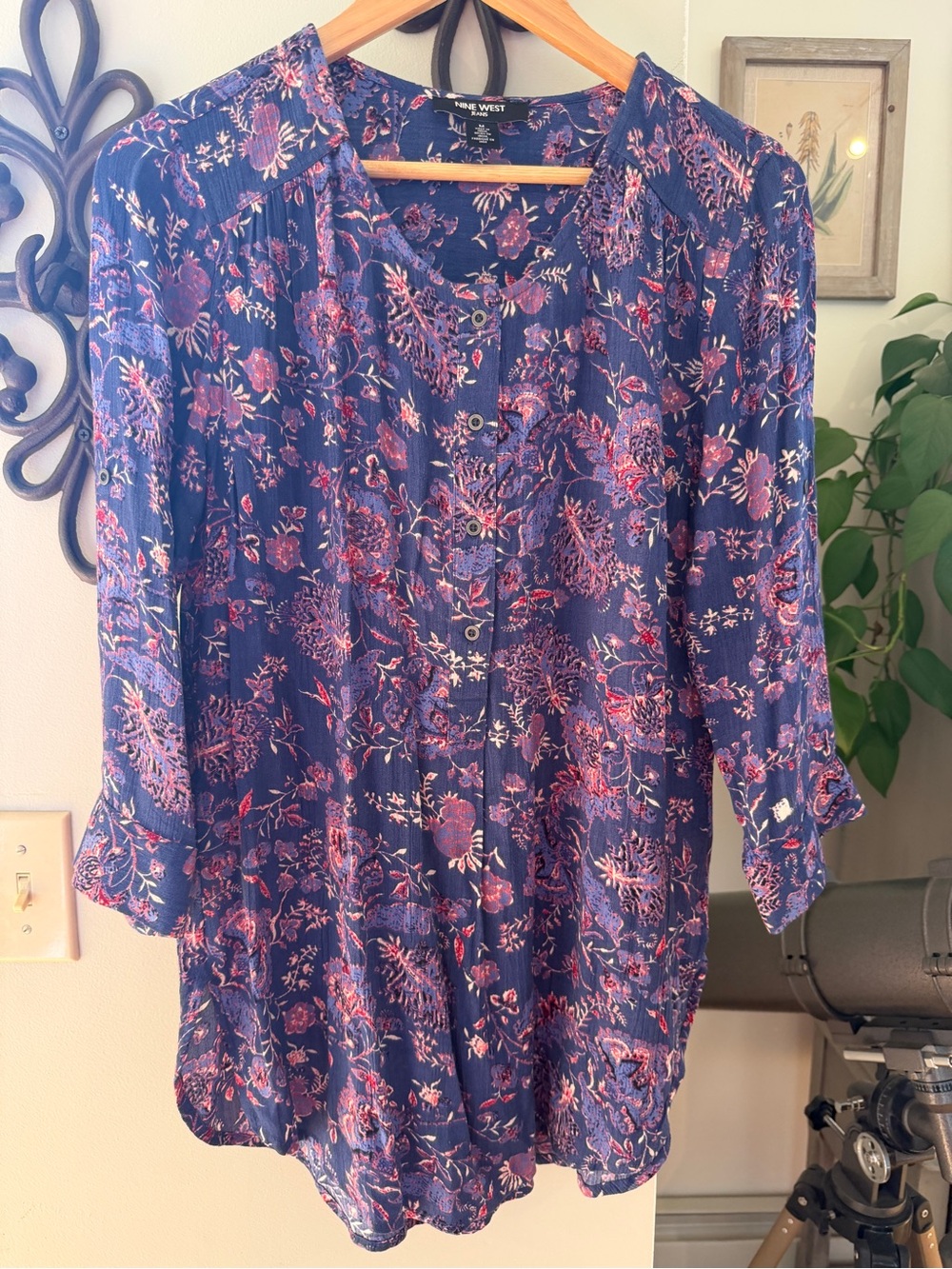 Nine West Navy Floral Button-Front Long Sleeve Tunic Dress